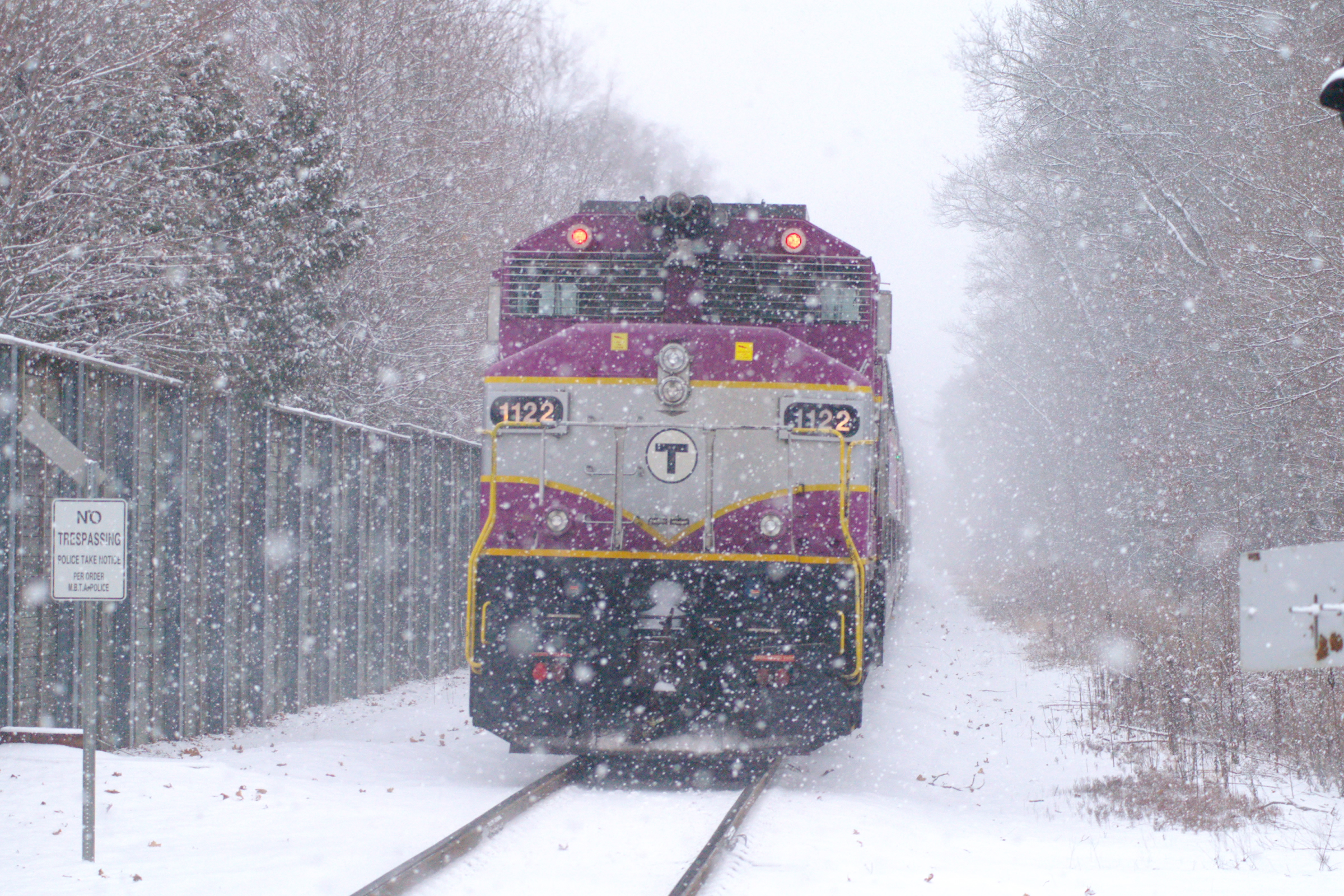 MBTA locomotive at Abington station during a snowstorm Snowstorm shot of MBTA unit